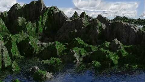 Partially raytraced heightmap, voxels, vector field. Scenery, mountains, sea, clouds.