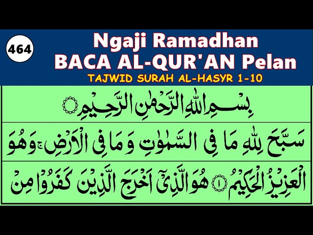 BELAJAR NGAJI QURAN Pelan Cara Mudah Baca Alquran dan Tajwid Surah AL HASYR 1-10, EP. 464 class=