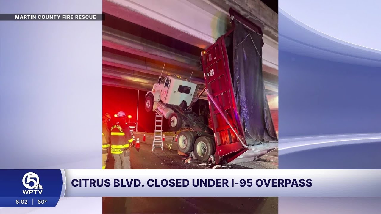 Dump truck hits I-95 overpass in Martin County - YouTube