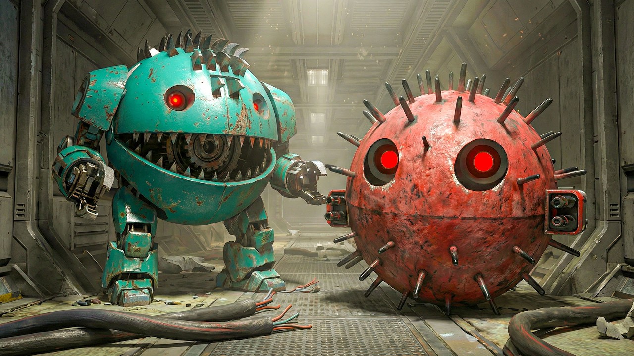 Pacman and Walking Robot Blade Explore a Massive Lunar Robot Maze While Lava Robot Guards the Core