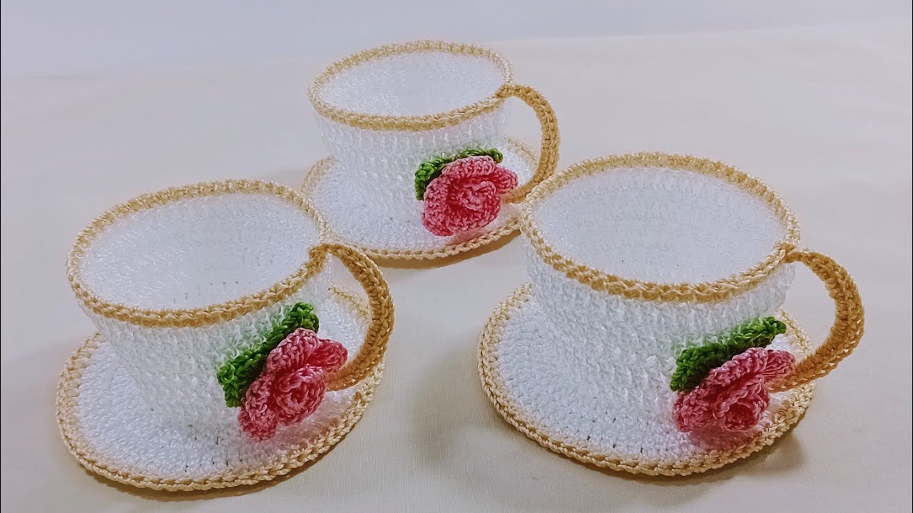 xícara em crochê + Rosinha rápida e fácil de fazer 🌺
