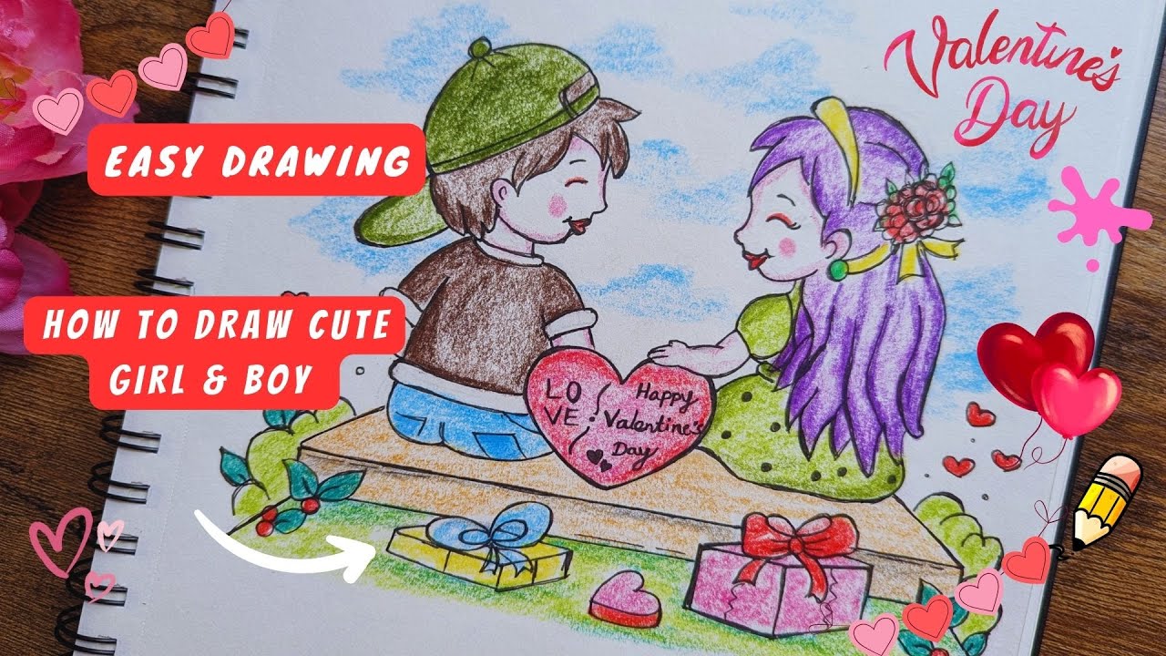 Valentines day drawing | Cute Girl and Boy sitting drawing | Valentines ...