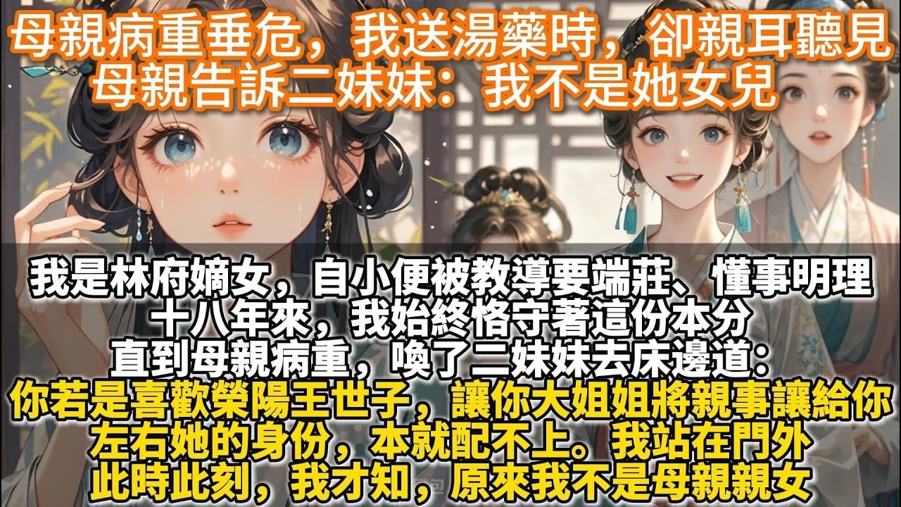 完結女性成長好哭文：母親病重垂危，我送湯藥時，卻親耳聽見母親告訴二妹妹：我不是她女兒。我是林府嫡女，自小便被教導要端莊持重，懂事明理。十八年來，我始終恪守着這份本分。直到母親病重，喚了二妹妹去牀邊