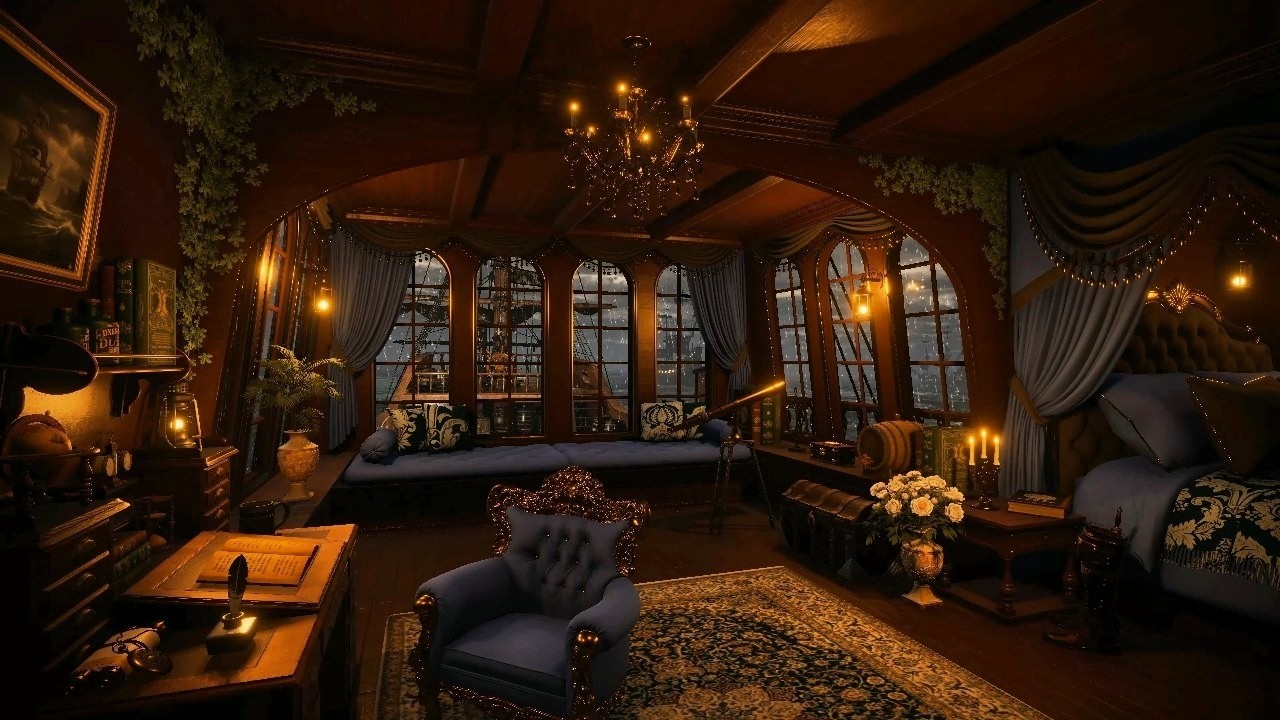 Stormy Sea Ship | Captain’s Cabin Night Ambience | Dark Nautical ...