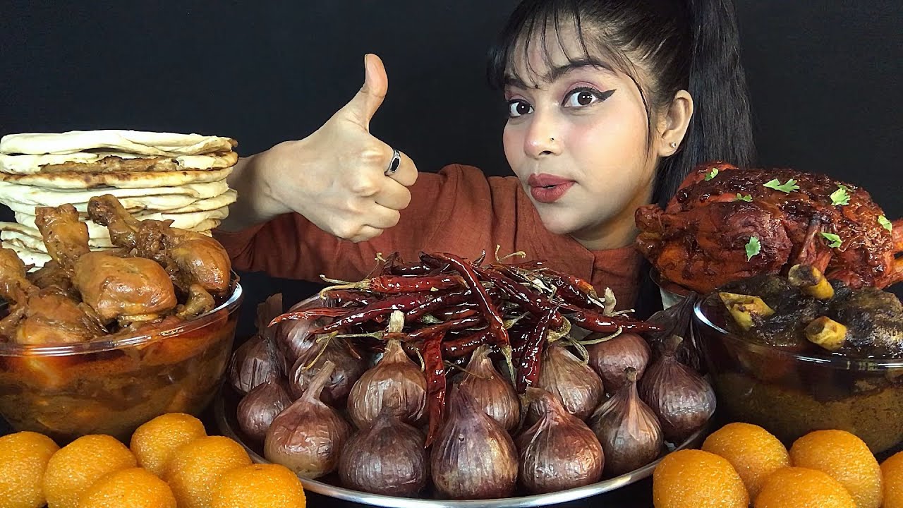 EATING MUTTON KALA BHUNA BHAT WHOLE CHICKEN ONION BHARTA LADDU CHICKEN CURRY NAAN | ASMR EATING SHOW