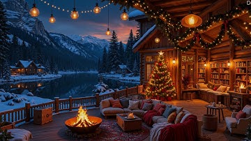 Cozy Winter Ambience Christmas Piano 🎅Porch Ambien with Fireplace Crackles & Falling Snow for Unwind