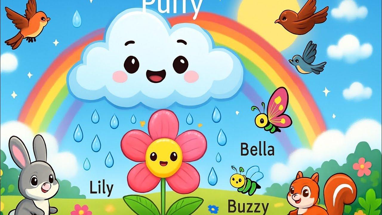 Puffy the Cloud & Lily the Flower ☁️🌸 | Kids Cartoon StoryA Little Rain, A Big Rainbow 🌈 | 