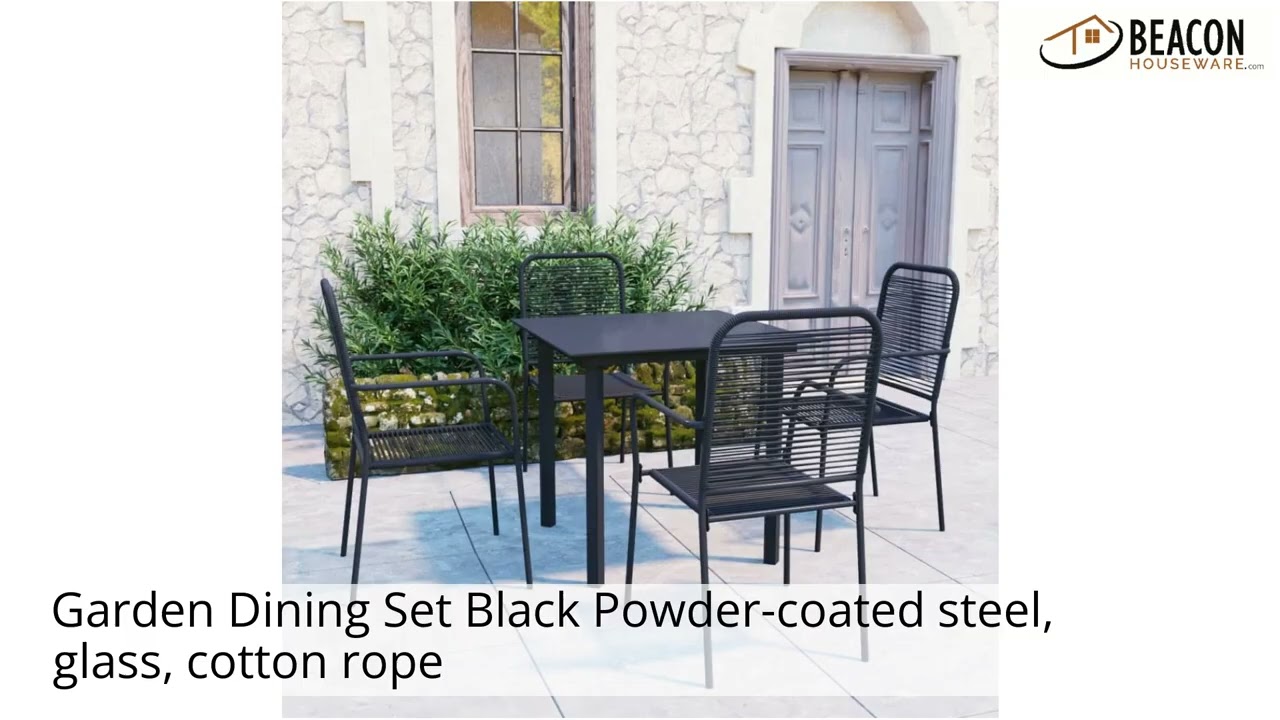 Garden Dining Set Black Powder-coated steel glass cotton rope