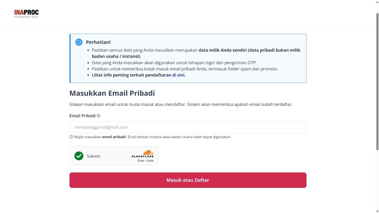 Diminta masukkan email pribadi ketika login INAPROC - Update Okotober 2025