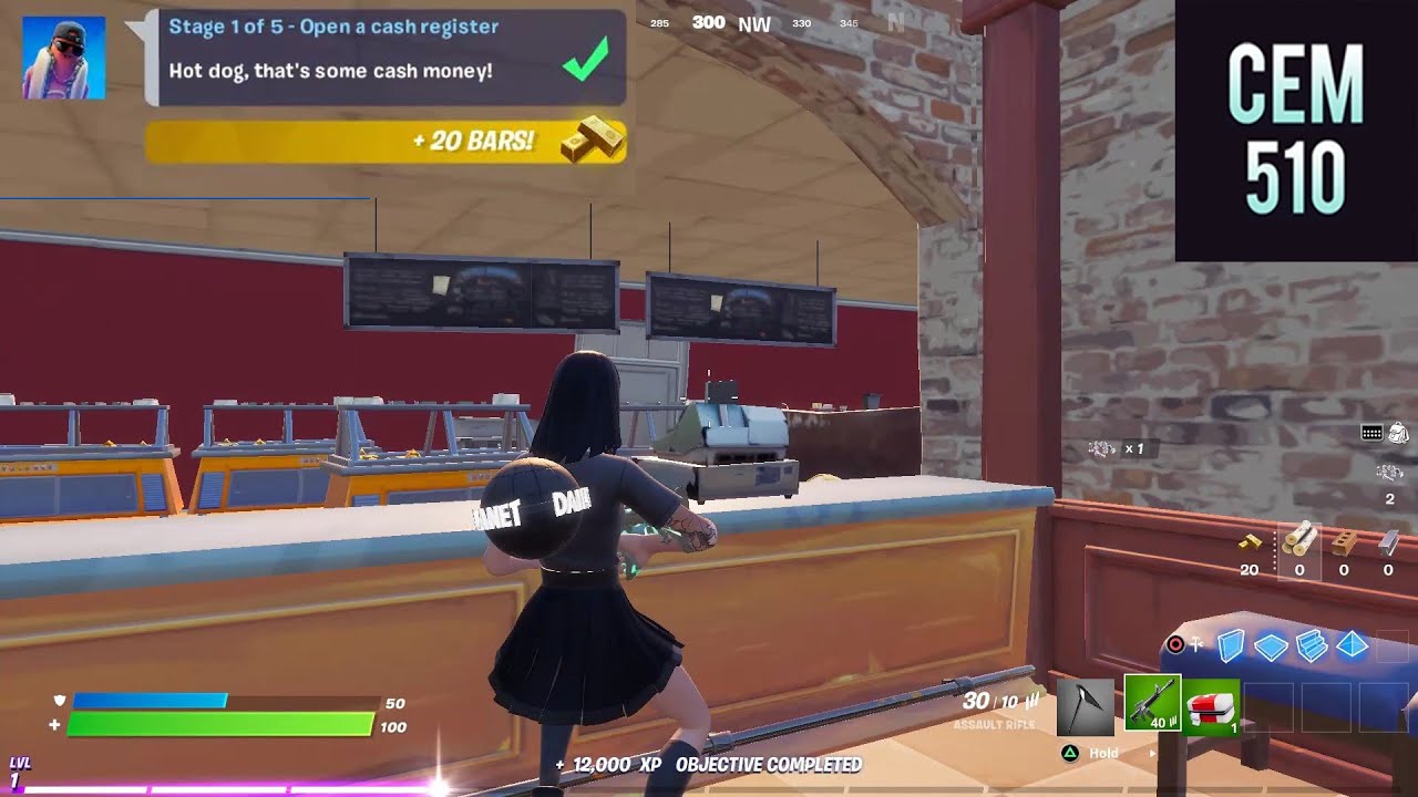 Open a cash register Fortnite The Brat Questline Talk to The Brat and