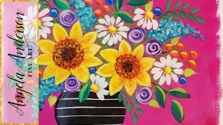 easy sunflowers vase flower painting acrylic boho daisies beginner angela anderson lesson series diy