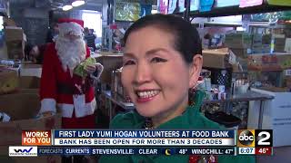 First Lady Yumi Hogan volunteers at the Anne Arundel County food bank