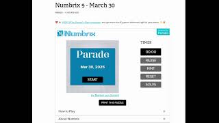 AI Solve Daily Numbrix 9 Puzzle: 3/30/2025 (ASMR)
