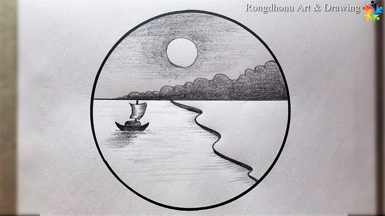 Scenery Drawing in a Circle | Very Easy Drawing | Pencil Drawing ...