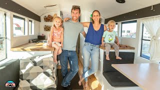 Family of 4 in a DIY Skoolie  Fantastic Kitchen & Adorable Bunks
