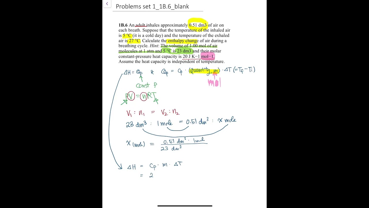 2026 01 24 1B 6 enthalpy of air when breathing, mole from molar volume