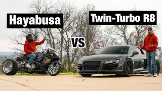Stretched BigTire Hayabusa vs 850hp TT V10 Audi R8