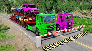 Double Flatbed Trailer Truck | Cars vs Rails | Cars vs Canons | McQueen | Beamng Drive #1