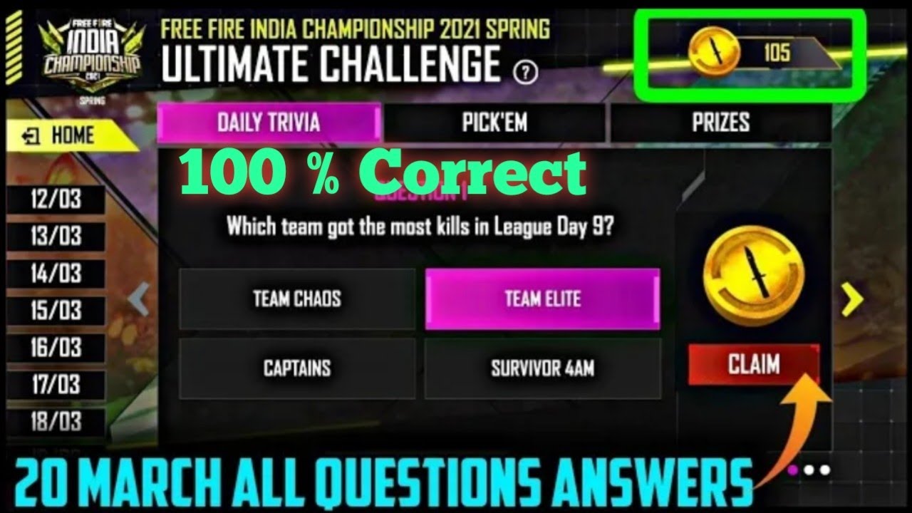 20 March Esports Ultimate Challenge Correct Answers Free Fire