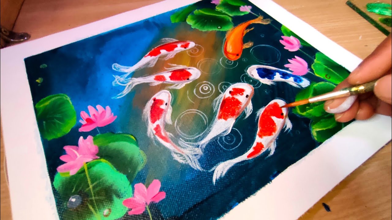 KOI fish pond painting in acrylic  step by step acrylic painting