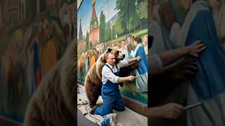 Putin wrestling a bear while painting a mural