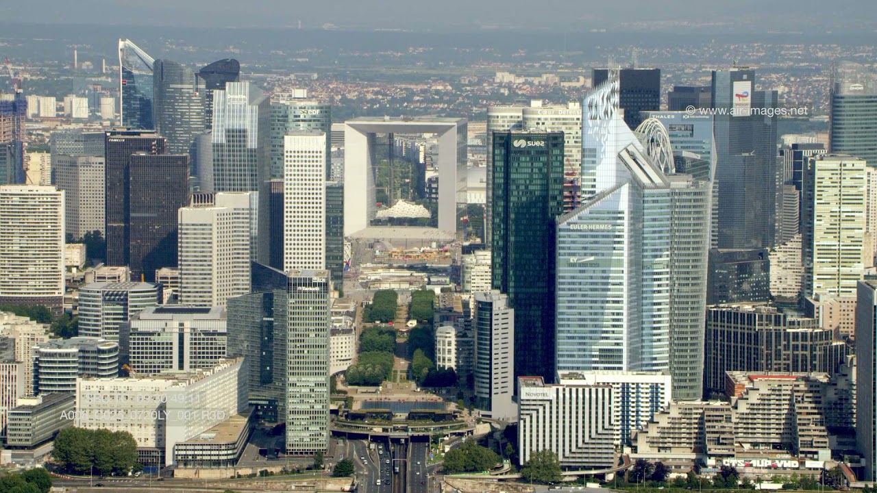 Aerial footage/The business district of Paris La Défense, sequence from the East / L' Axe Historique