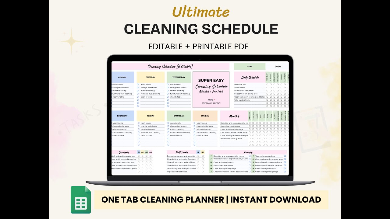Ultimate Cleaning Schedule Template in Google Sheets | Customizable & Easy-to-Use Cleaning Planner
