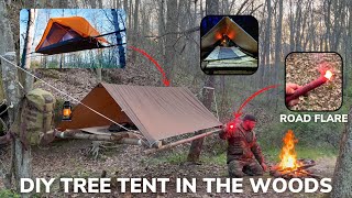 Solo Overnight Building a DIY Tree Tent in The Woods and Bacon Wrapped Kielbasa
