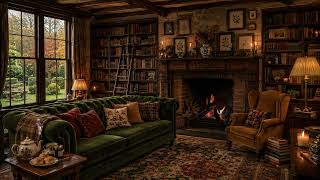A Rainy Evening in an English Cottage Library 📚🔥 | Fireplace & Rain Sounds for 2 Hours