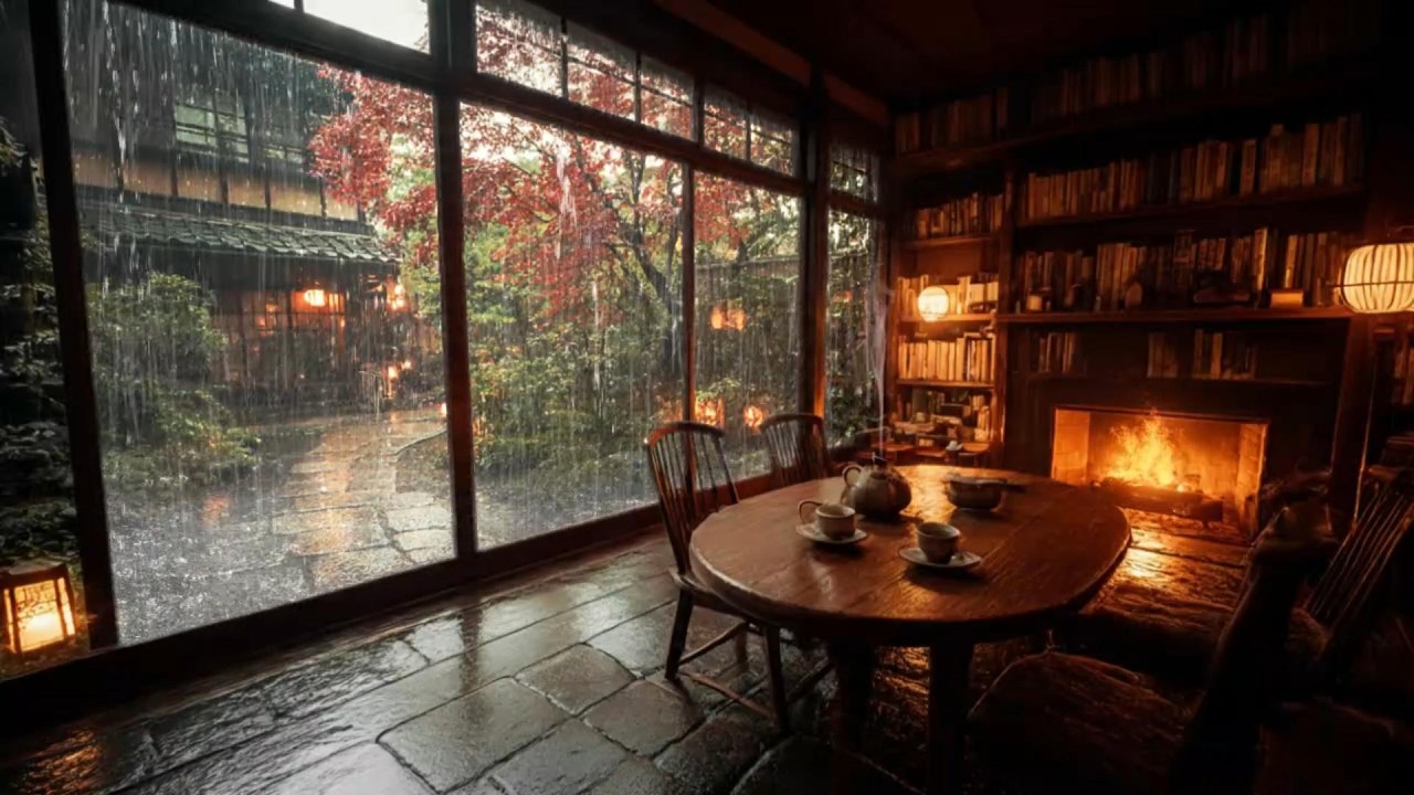 Fireplace Crackling with Soft Rainfall 🔥🌧️❄️ | Relaxing Ambience