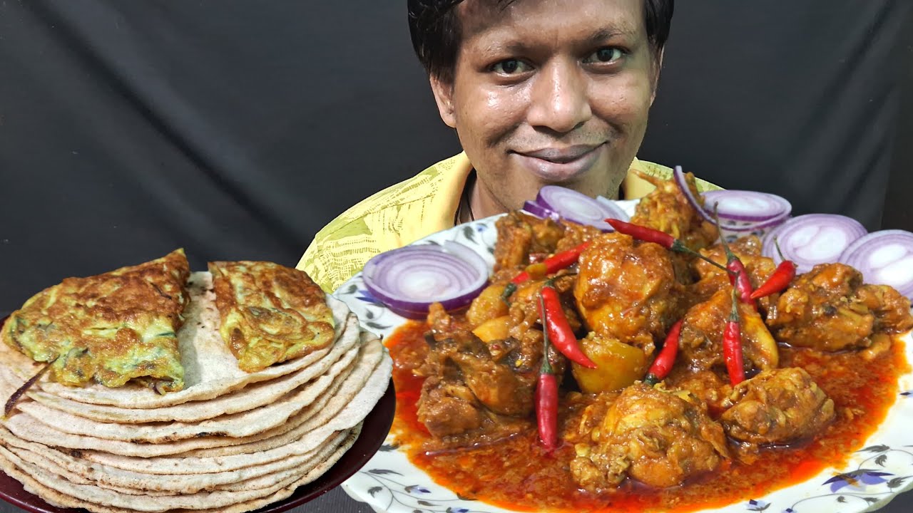 Exam spicy chicken kosha and 10 roti eating, egg omelette, salad, husband wife eating show,big bites