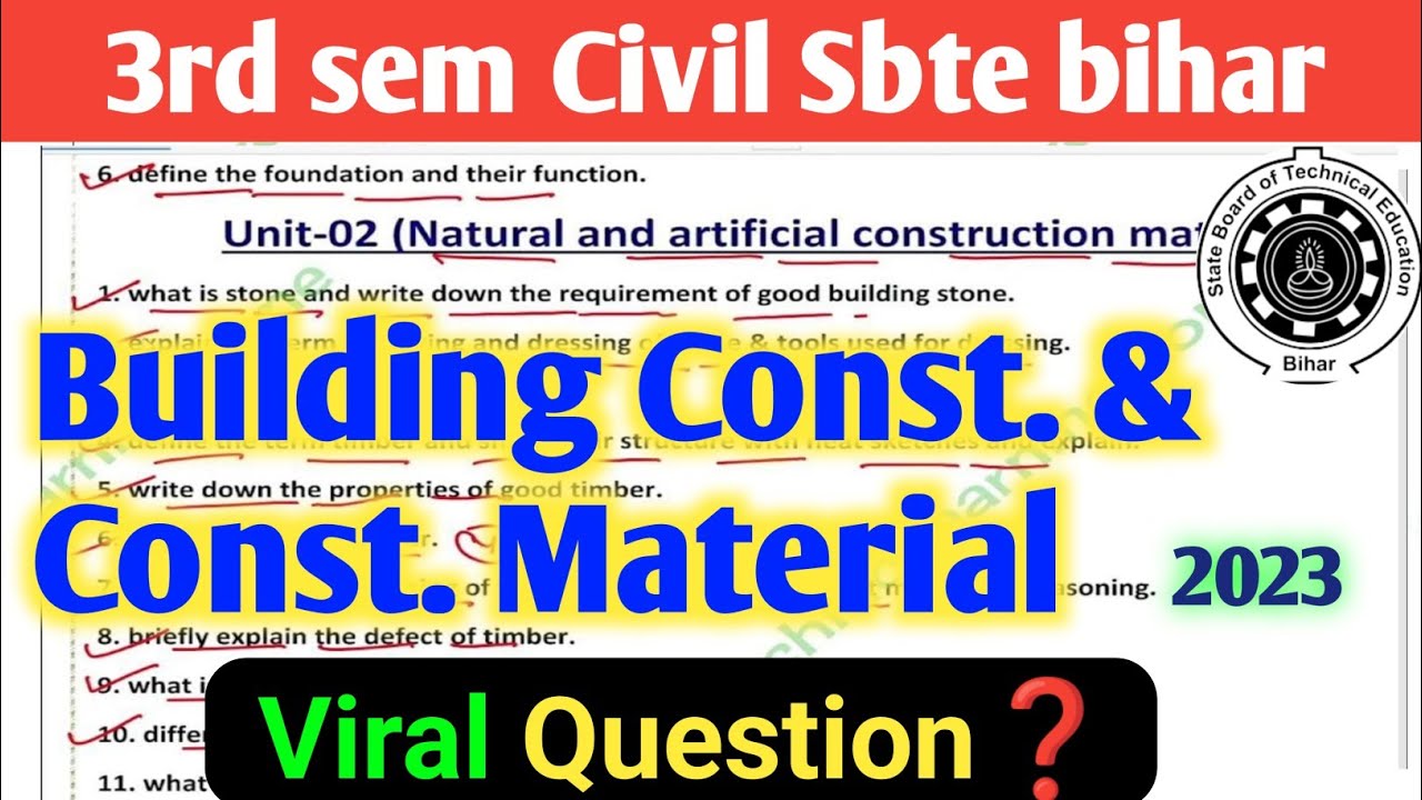Building Const. & Const. Material Guessing Questions II 3rd Sem Civil Engg. II SBTE BIHAR