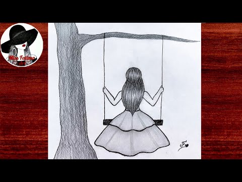 Girl sitting on a Swing easy pencil drawing || How to draw a girl swinging in a tree