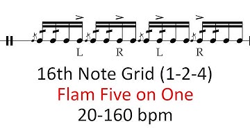 Flam five on one (1-2-4 accents) | 20-160 bpm 16th note grid sheet music