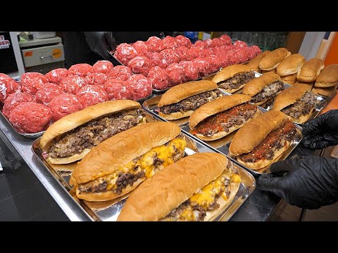 Видео: Полный мяса? Потрясающий! Американский стиль Philly Cheese Steak Hot Dog / корейская уличная еда