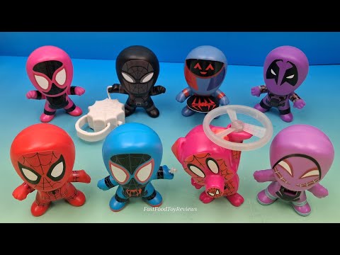 2018 McDONALD'S SPIDER-MAN INTO THE SPIDER-VERSE Set of 8 HAPPY MEAL COLLECTIBLES VIDEO REVIEW 