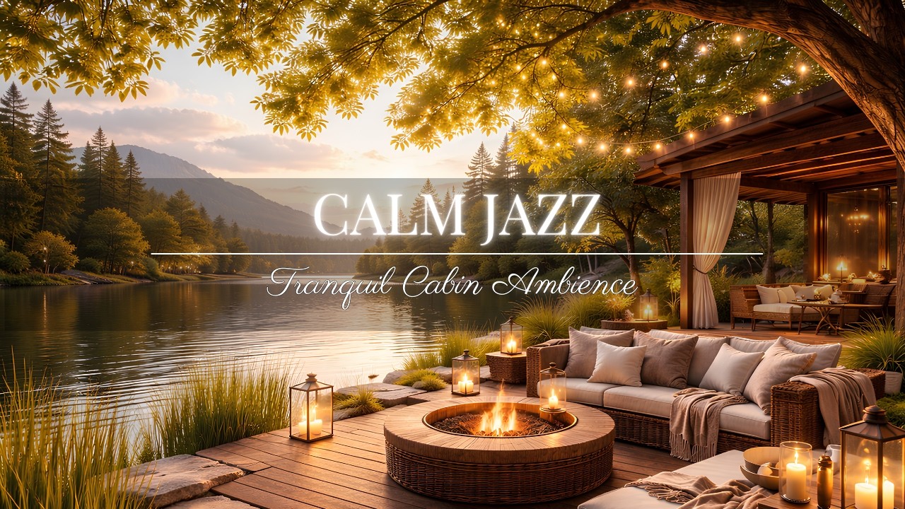Relaxing Lakeside Jazz Cafe ☕ Cozy Outdoor Cabin Ambience with Fireplace