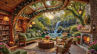 April Spring Jazz Ambience | Warm Waterfall Porch with Crackling Fireplace & Gentle Rain for Work