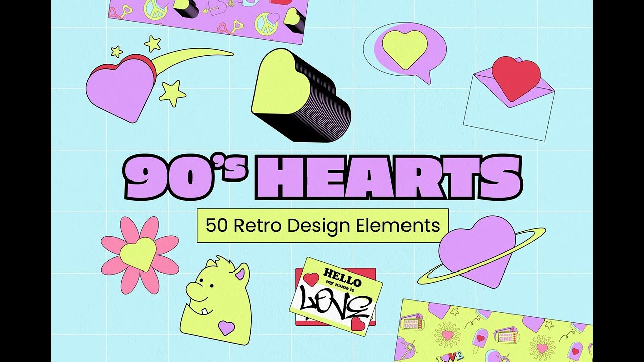 90s Hearts Retro Elements Stock Graphics - Download