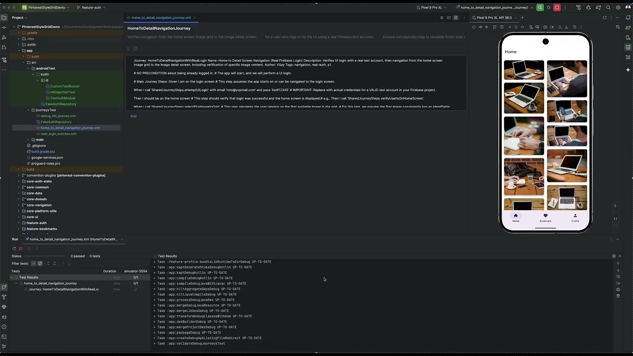 Android Journey Testing LoginHomeDetail screen