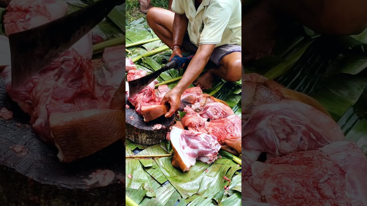 Pork meat and selling at home. village style pork cutting. pork meat cutting.  pork ribs. 