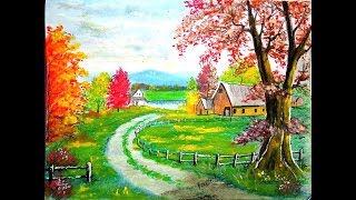 Oil pastel Drawing/Easy Oil pastel drawing for beginner/How to draw Village scenery with oil Pastel