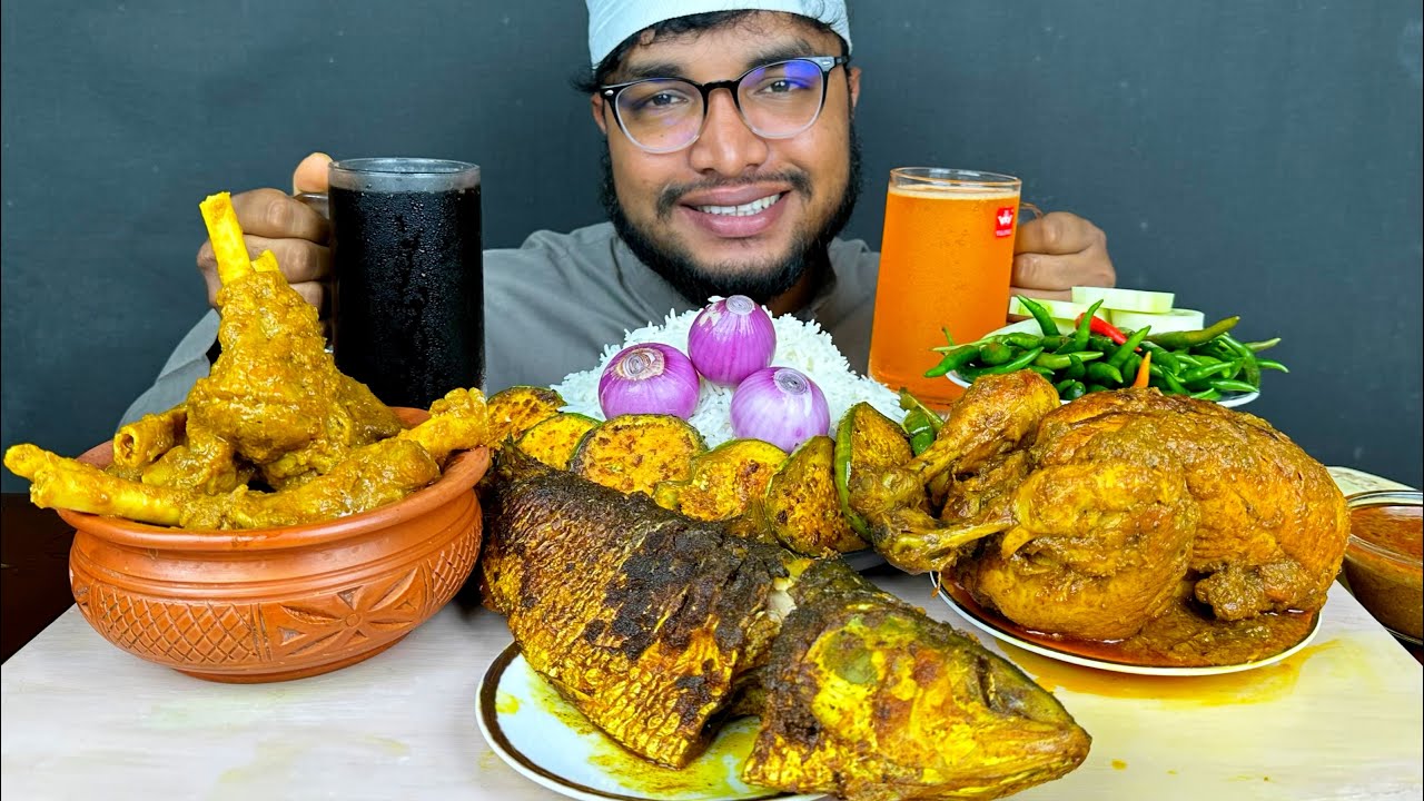 ASMR EATING WHOLE HILSA FISH FRY, FULL CHICKEN CURRY AND MUTTON HANDI CURRY WITH RICE , EATING VIDEO