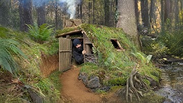 Warm & Cozy Survival Shelter built from Nature | Stone fireplace, earth Insulation & Full Camouflage