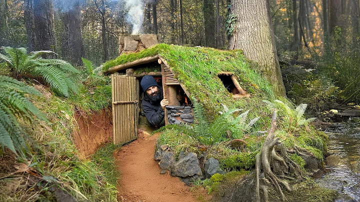 Warm & Cozy Survival Shelter built from Nature | Stone fireplace, earth Insulation & Full Camouflage