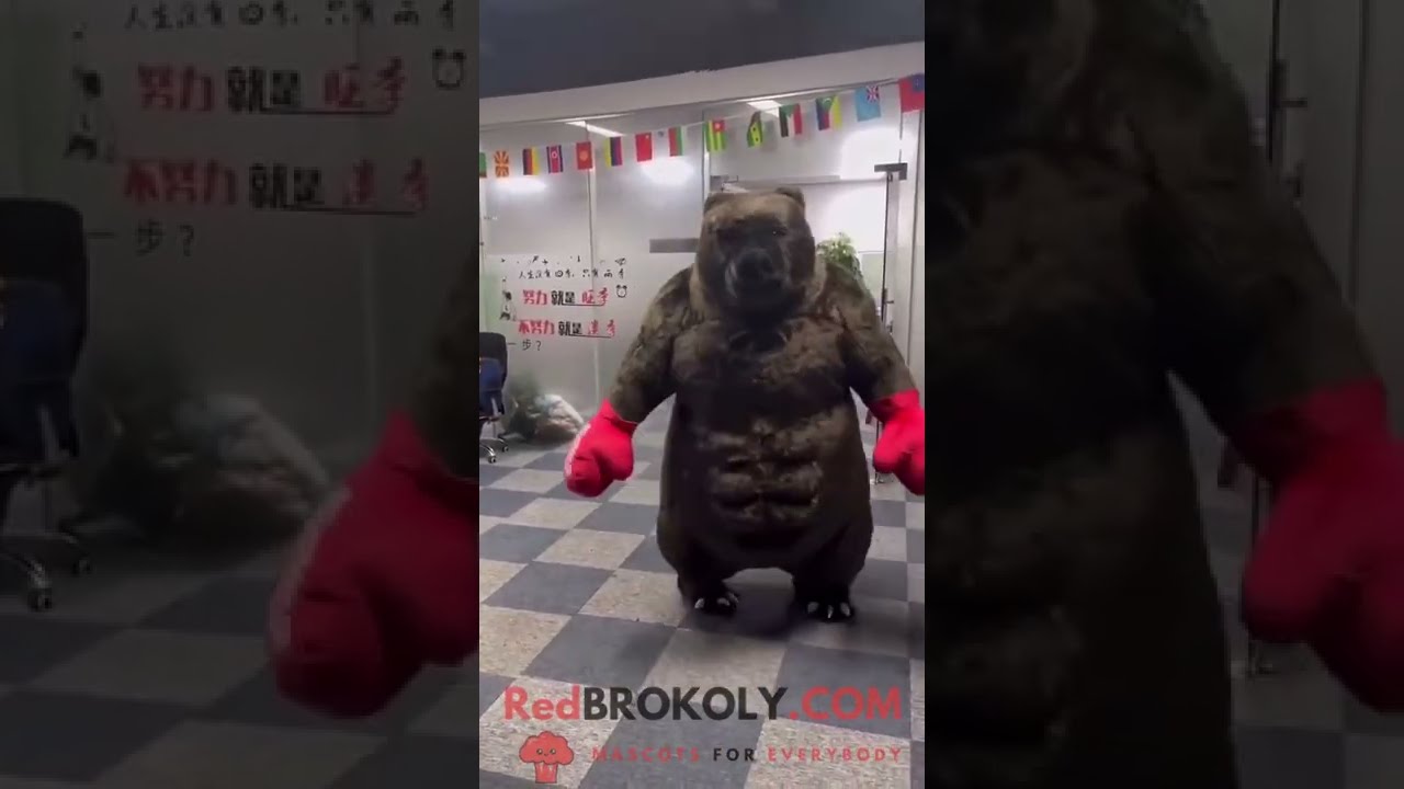 REDBROKOLY.COM Mascot Costume - A giant black bear full body mascot costume and boxing gloves