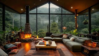 Relaxing Forest Cabin Ambiance - Rain and Crackling Fireplace in the Living Room for Serenity 🌲🔥