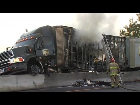 ups truck semi fire crash burned