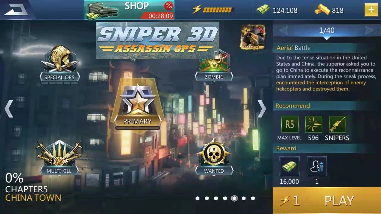 Sniper 3D strike Chapter 5 China Town 1 to 8 & spec ops 1