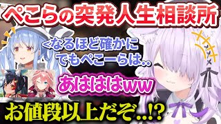 ぺこちゃんが突発で始めた笑えて学べる人生相談に感動する泥棒建設の3人【大神ミオ/猫又おかゆ/兎田ぺこら/鷹嶺ルイ/ホロライブ切り抜き】